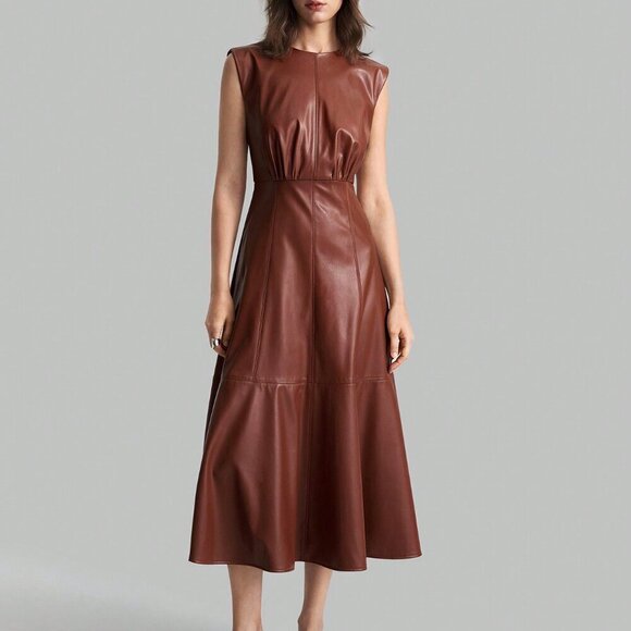 Brown Elegant Women's Round Neck Sleeveless Wide Shoulder PU Dress - Picture 5 of 9